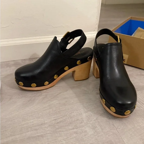 Charlotte Stone Black Leather High Heel Clogs - Picture 3 of 8